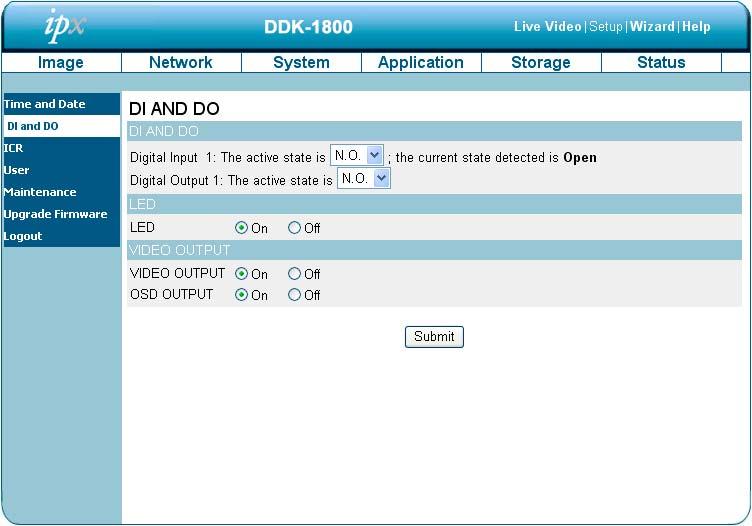 Changing the System Settings Digital Input &Output. 1. Click on the DI and DO button on the left side of the System page to enter the DI and DO page. 2.