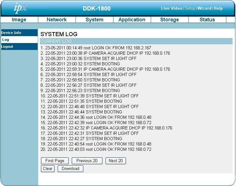Device information. This page displays the DDK-1800BC log information. 1.
