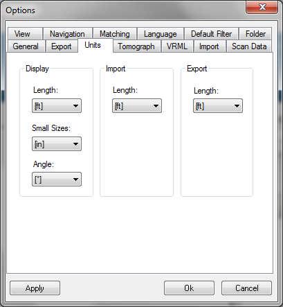 d) Set the Import unit to ft e) Set the Export unit to ft Step c) Step d) Step e) Figure 56: Tools > Options > Units tab 4) Set the radius for the spheres used a) Select the pull-down menu Tools