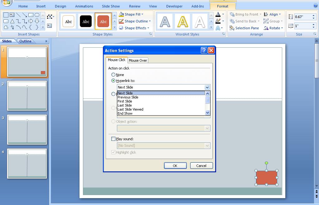 2. Draw the button on the slide and the Action Settings window appears (Figure 6, item 7) 3. Click the Hyperlink to radio button in the dialog box (Figure 6, item 8) 4.