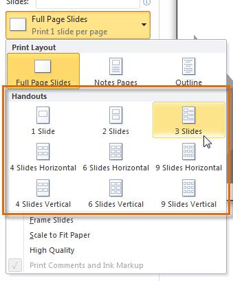 3. Click the drop-down arrow in the box that says Full Page Slides, and locate the Handouts