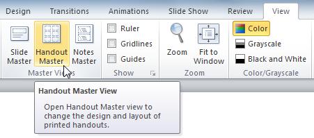 If you want to add a header or footer to your handouts, click the View tab on the Ribbon, then