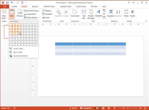 Working with Tables Creating a Table In order to create a table in Microsoft PowerPoint, you first must specify how many columns (which run up and down) and rows (which run left to right) you want to