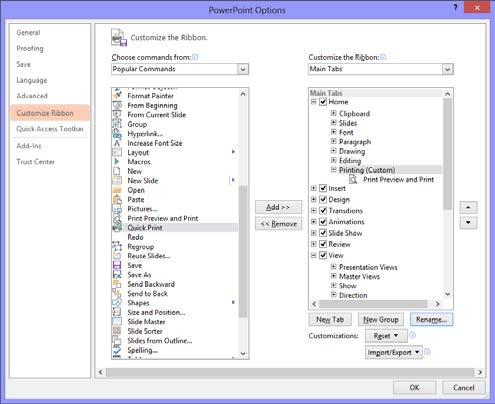Customizing PowerPoint Customizing the Ribbon One of the most useful features in Office 2013 is that you can customize the Ribbon.