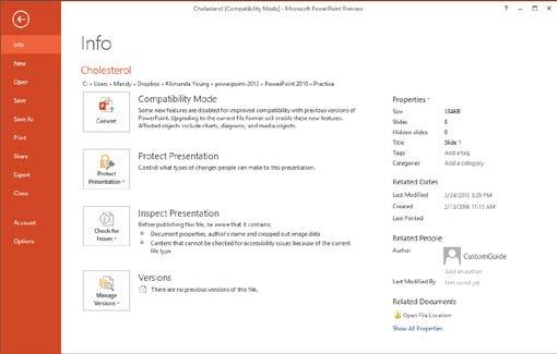 Converting saves the presentation as a PowerPoint 2013 file (.pptx) and allows you to use PowerPoint s new features.