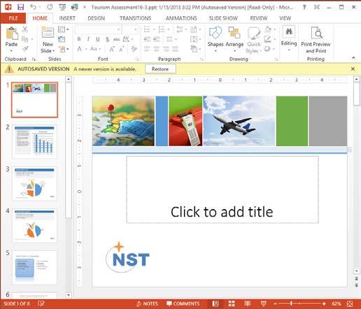 More Topics 4. Click the Restore button on the Info bar. PowerPoint saves and overwrites any previously saved versions with the selected AutoSaved version of the presentation.