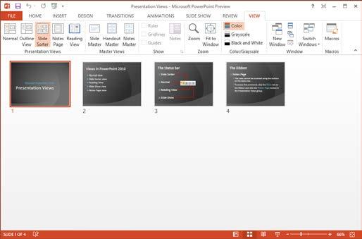 Viewing a Presentation Changing Views Because there are several phases of developing a presentation, PowerPoint provides several different views for you to choose from: Normal: This is the default