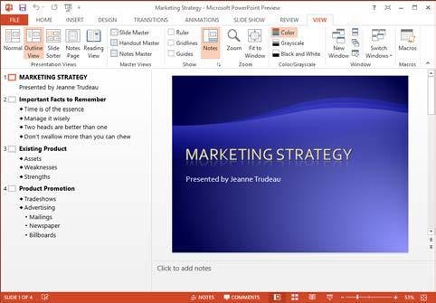 Viewing a Presentation Using the Outline Pane Now in PowerPoint 2013, the Outline view is its own option in the Presentation Views group in the VIEW tab.