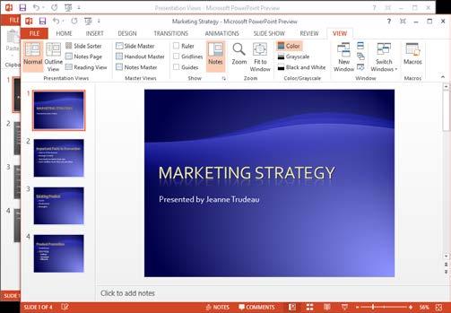 Viewing a Presentation Working with Multiple Presentations You can open and work with several files at the same time in Windows, and PowerPoint 2013 is no exception.