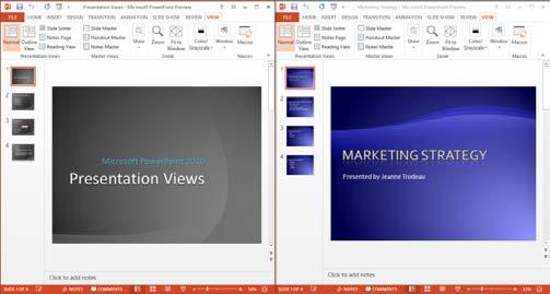 This lesson explains how to open and work with more than one presentation at a time. Switch between presentations Exercise File: Marketing Strategy.pptx and Presentation Views.