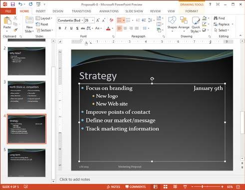 Formatting a Presentation Working with Tabs and Indents Since PowerPoint already indents each paragraph according to its position in the outline, and the template or theme determines the amount of