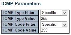 Security - Network - ACL - Access Control List ICMP Parameters ICMP Type Filter Specify the ICMP filter for this ACE. Any: No ICMP filter is specified (ICMP filter status is "don't-care").
