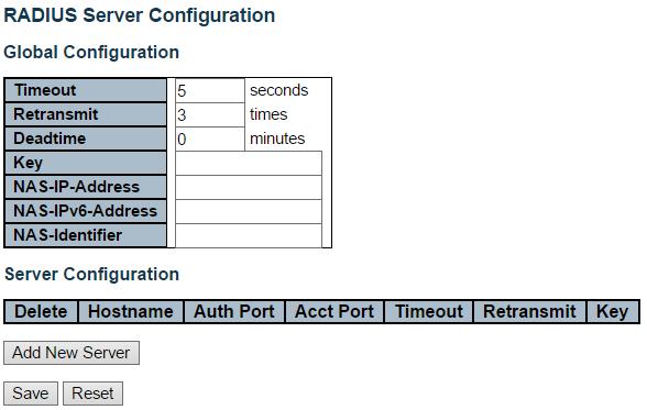 Security - AAA - RADIUS 3.1.5.3. Security - AAA 3.1.5.3.1. Security - AAA - RADIUS This page allows you to configure the RADIUS servers.
