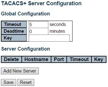 Security - AAA - TACACS+ 3.1.5.3.2. Security - AAA - TACACS+ This page allows you to configure the TACACS+ servers. Global Configuration These setting are common for all of the TACACS+ servers.
