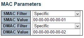 Security - Network - ACL - Access Control List MAC Parameters SMAC Filter (Only displayed when the frame type is Ethernet Type or ARP.) Specify the source MAC filter for this ACE.
