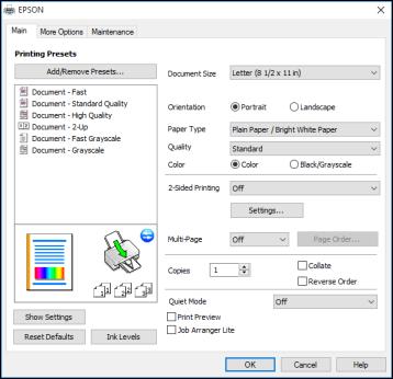 You see the printer settings window: 3. Select the print settings you want to use as defaults in all your Windows programs. 4. Click OK. These settings are now the defaults selected for printing.