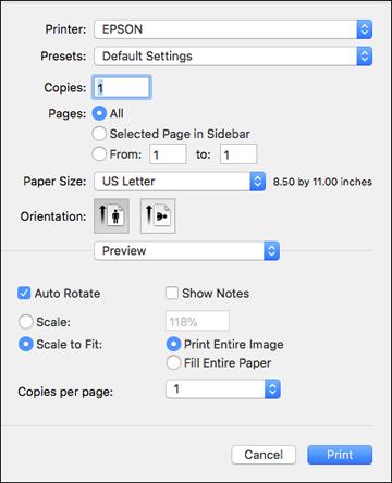 You see the expanded printer settings window for your product: Note: The print window may look different, depending on your version of the Mac operating system and the application