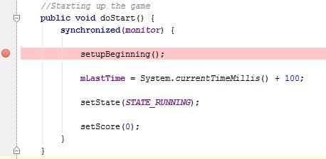 Figure 6: Setting up breakpoint at call to setupbeginning() Now start the program in the debug mode (Figure 7).