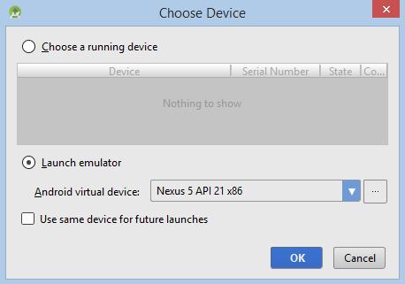 As I have not got any running devices I select to Launch emulator.