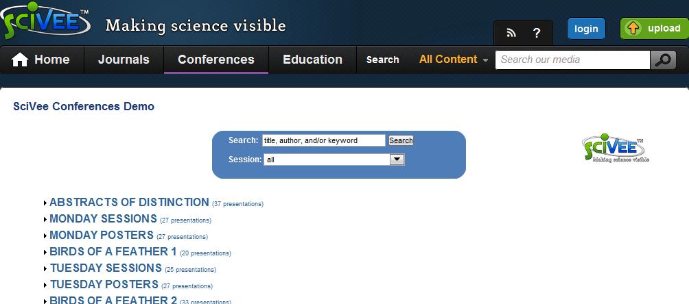 Once you receive the e-mail, go to SciVee Conferences, log in, and click the Upload link at the top