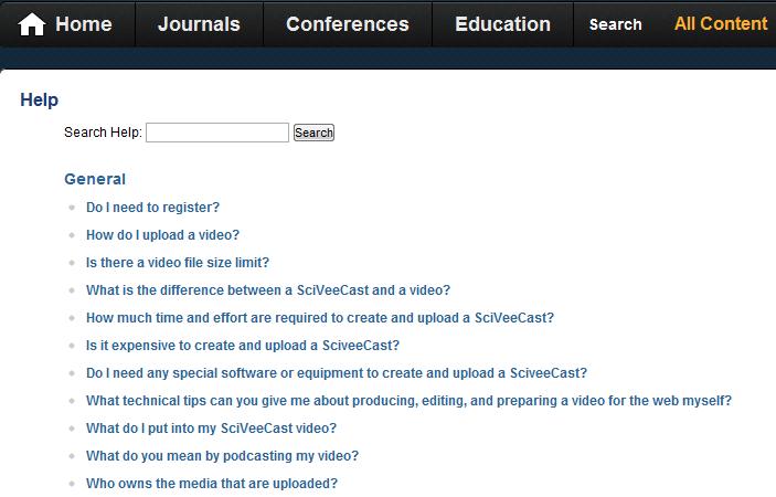 Clicking this link will open SciVee s Help system where you can search through a variety of topics. You may also send an e-mail to support@scivee.
