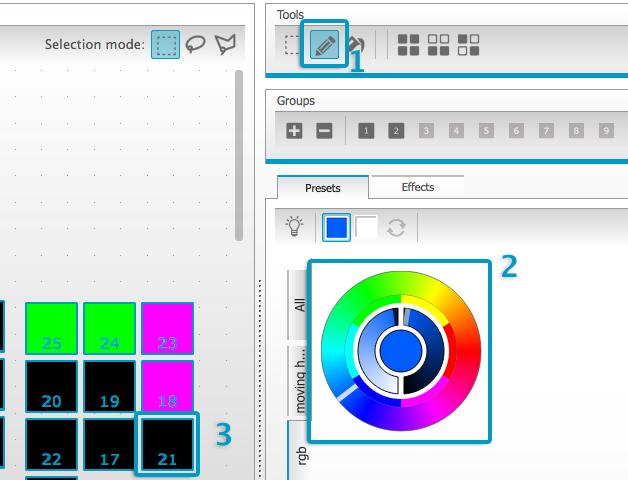 ESA2 / Scene Builder Color Wheel The color wheel oﬀers several ways to change the color -Click the cursor and drag around the color wheel to choose a color -Click on the color wheel to jump to one of