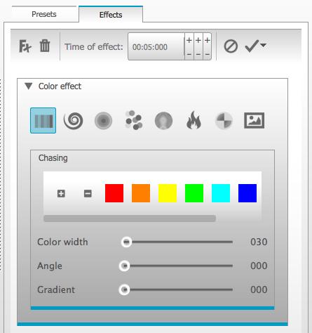 ESA2 / Scene Builder To modify a color eﬀect, select the eﬀect type and change the properties. It is possible to add many eﬀects at the same time.