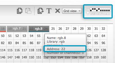 Hover over a fixture to know the address and click the fixture to see the dip switches required to set this address. For example, this lighting fixture is set to address 22.