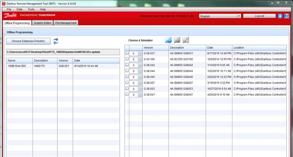 RMT Overview Configure database offline File Management (view / manage files) Build Graphical screens Select desired Language (only possible if online) Log on Status e.g. Supervisor logged on IP Address Network connection status Log on / Log out from the unit Software version of the Front End.