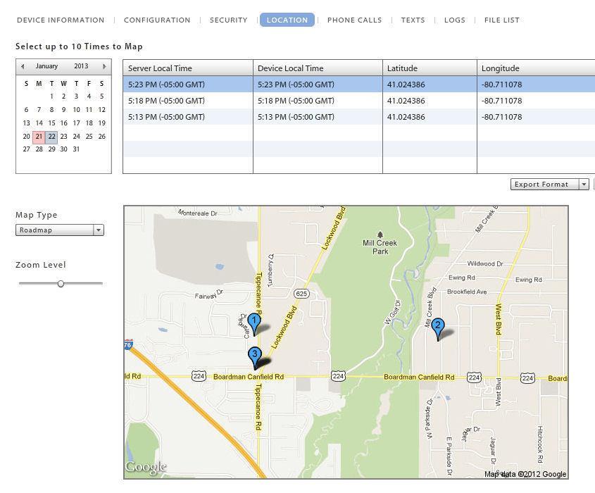 Device Administration: Location (return to Device Administration menu) Select the Location tab to view the location of the device, reported by the GPS or triangulation on the device.