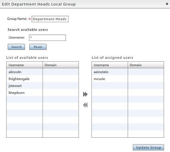 Add a Group and Assign Users 1. To add a group and assign users to it, click the Add Group button. 2. Enter a name for the group. 3. Select user names from the List of available users on the left.