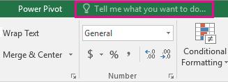 Do things quickly with Tell Me You'll notice a text box on the ribbon in Excel 2016 that says Tell me what you want to do.