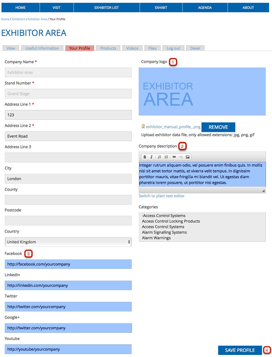 3. Managing Your Exhibitor Profile Amending Your Profile Details Exhibitor Area User Guide You can amend the following fields (highlighted in Blue). 1.