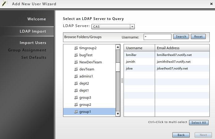 5. Select the users to pull from the LDAP server using the search filter. Browse the LDAP directory in the left panel and select a folder/group.