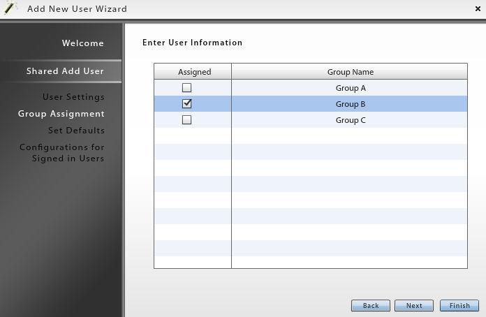 5. If you are using local groups to categorize users, choose local group assignments for the shared user. Click Next. 6.