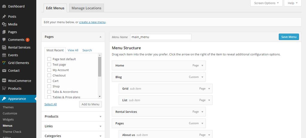 2.4. Menus There is only one navigation on the site in the top, so you can adjust it under Appearance - > Menus This is standard Wordpress functionality, you can choose from the pages, post