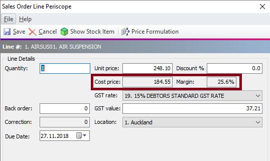 New Features View Cost Prices and Margins on Sales Order Line Periscope This release adds these options to the Sales Order Line Periscope screen: Cost Price View or edit the cost price of a stock