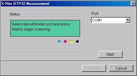 CALIBRATION 45 The Status field displays instructions for selecting the port and feeding the measurement page through the DTP32 four times, once for each color strip.