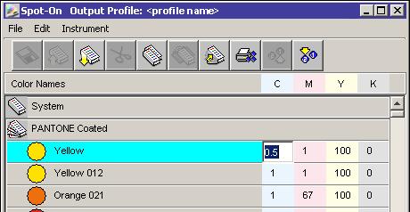 SPOT-ON 64 TO EDIT A COLOR IN THE SPOT-ON MAIN WINDOW 1 Select the color you want to edit. 2 Double-click the value under C, M, Y, and K, and enter a new number for each color channel.