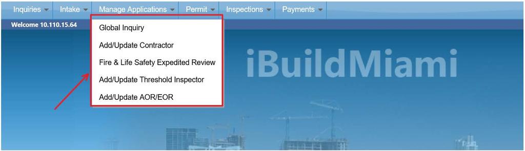 Manage Applications Tab The Manage Applications tab will allow you to do a global inquiry of your permit application.