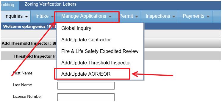 4. Add /Update AOR / EOR As an applicant you will be able to add or update the Architect of Record or Engineer of Record at any time during the plans review process.