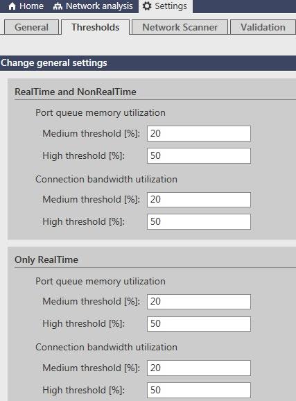 Graphical user interface 4.4 The "Settings" view Thresholds The "Thresholds" tab is displayed in the figure below: In this area, you set the thresholds for the network analysis.