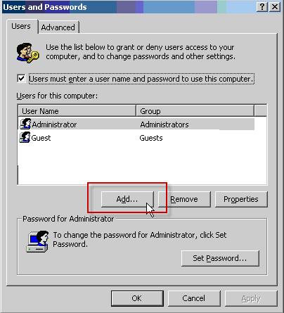 Source Computer setup for My Music - Windows Create a new user account for Windows 2000 You must create a new user account in Windows 2000
