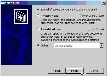Source Computer setup for My Music - Windows Create a new user account for Windows 2000 4. Create a password. Enter a password and click Next.
