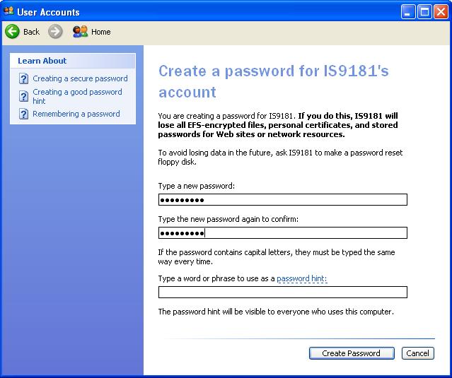 To ensure the security of your computer we recommend that you create a password for the IS9181 user account.
