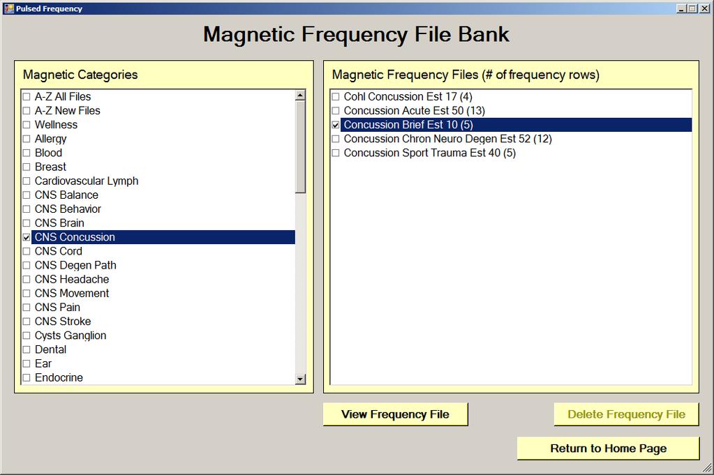 Magnetic Frequency File Bank When you select this function, the magnetic frequency file bank is displayed. Frequency files are organized by category in the file bank.