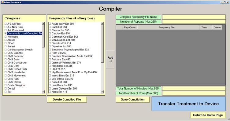 Compiler The Compiler allows you to load treatment programs into the MR7. Treatment programs can be created in two ways.