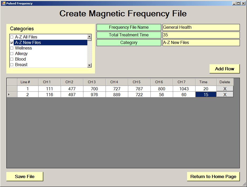 Create Magnetic Frequency File If you would like to create your own frequency files, click the Create Magnetic Frequency File button from the main menu page. The page opens with a blank row.