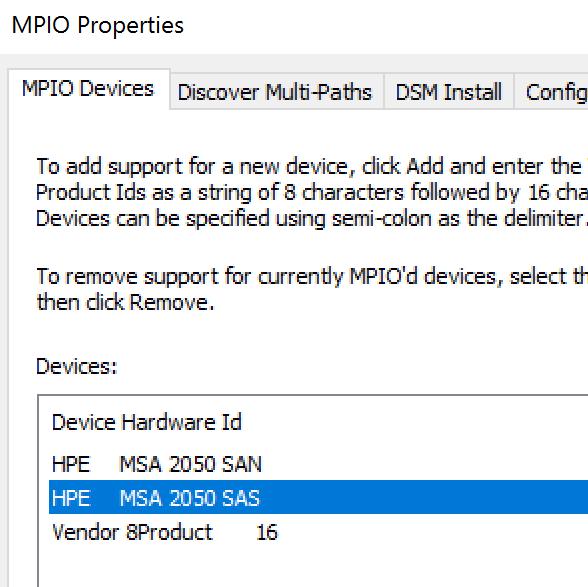 Technical white paper Page 8 Initially, the HPE MSA 2052 will show up in the Discover Multi-Paths tab as HPE MSA 2050 SAS and should be added as a multipath device, as shown in Figure 8.
