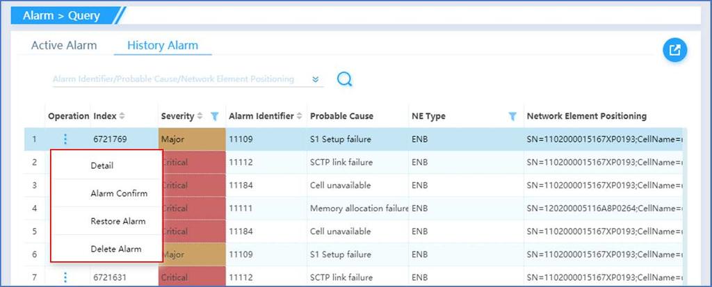Figure 4-5: Export Looking at the OMC > Alarms > History Alarm tab, under the Operation column you have the Detail and Alarm Confirm options as well as two new options: Restore alarm and Delete Alarm